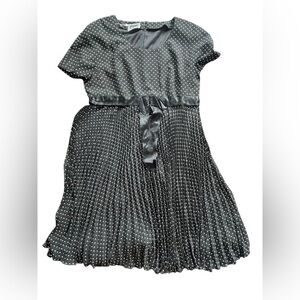 Vintage Luisa Spagnoli Black Polka Dot Pleated Midi Dress with Satin Waist Tie